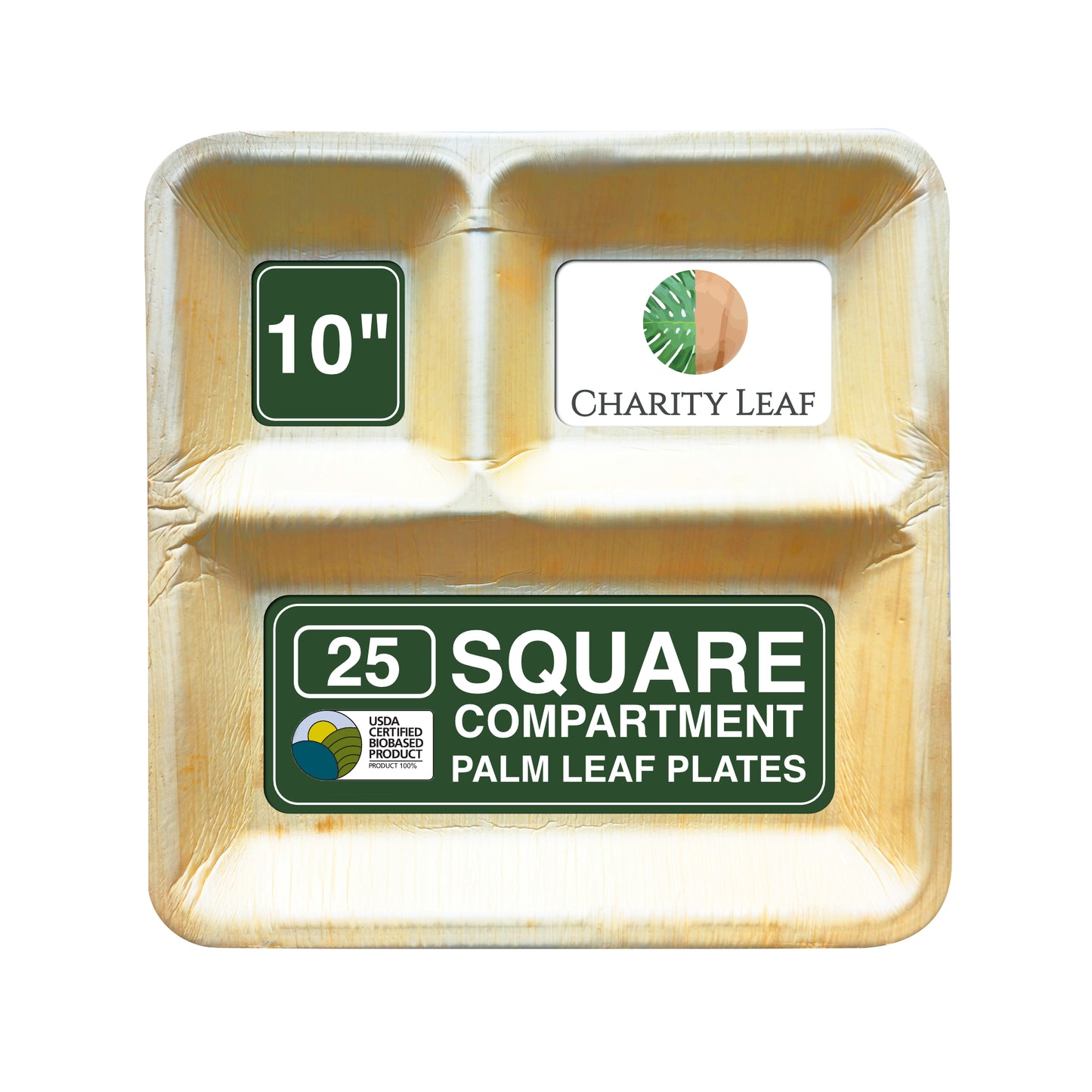 10" Inch Square - 3 Compartment Decorative Palm Leaf Fiber Plate