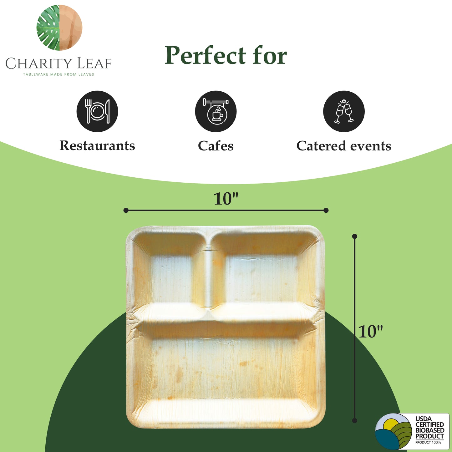10" Inch Square - 3 Compartment Decorative Palm Leaf Fiber Plate