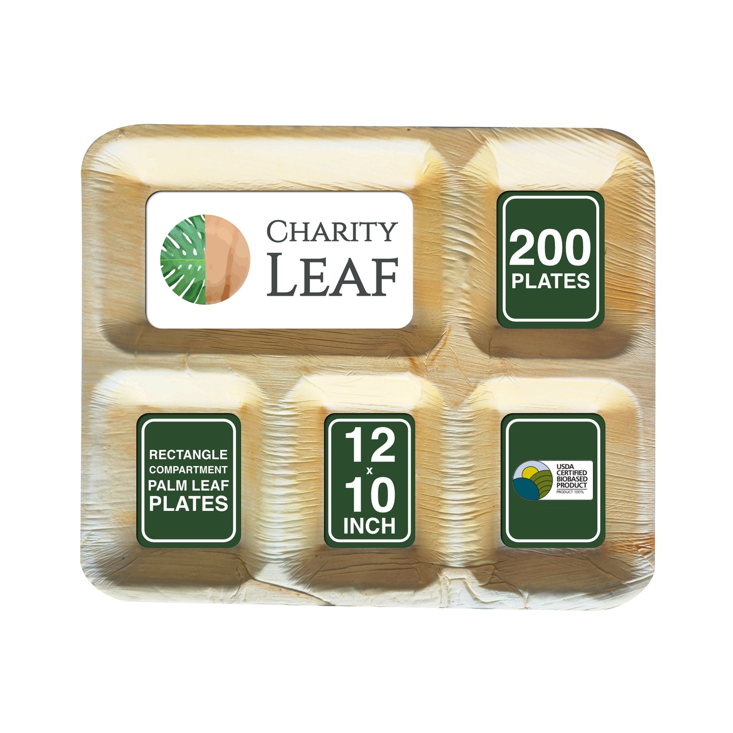 12" x 10" Inch Rectangle - 5 Compartment Decorative Palm Leaf Fiber Plate