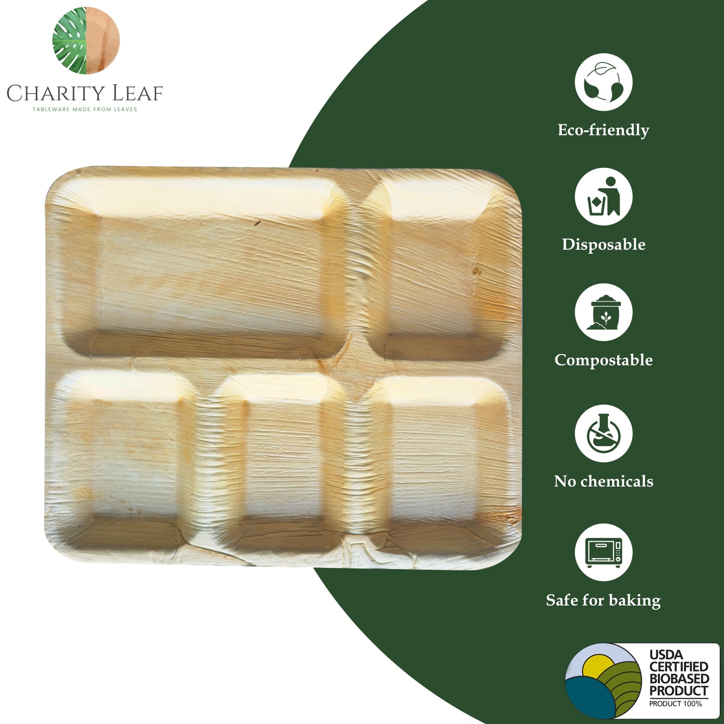 12" x 10" Inch Rectangle - 5 Compartment Decorative Palm Leaf Fiber Plate