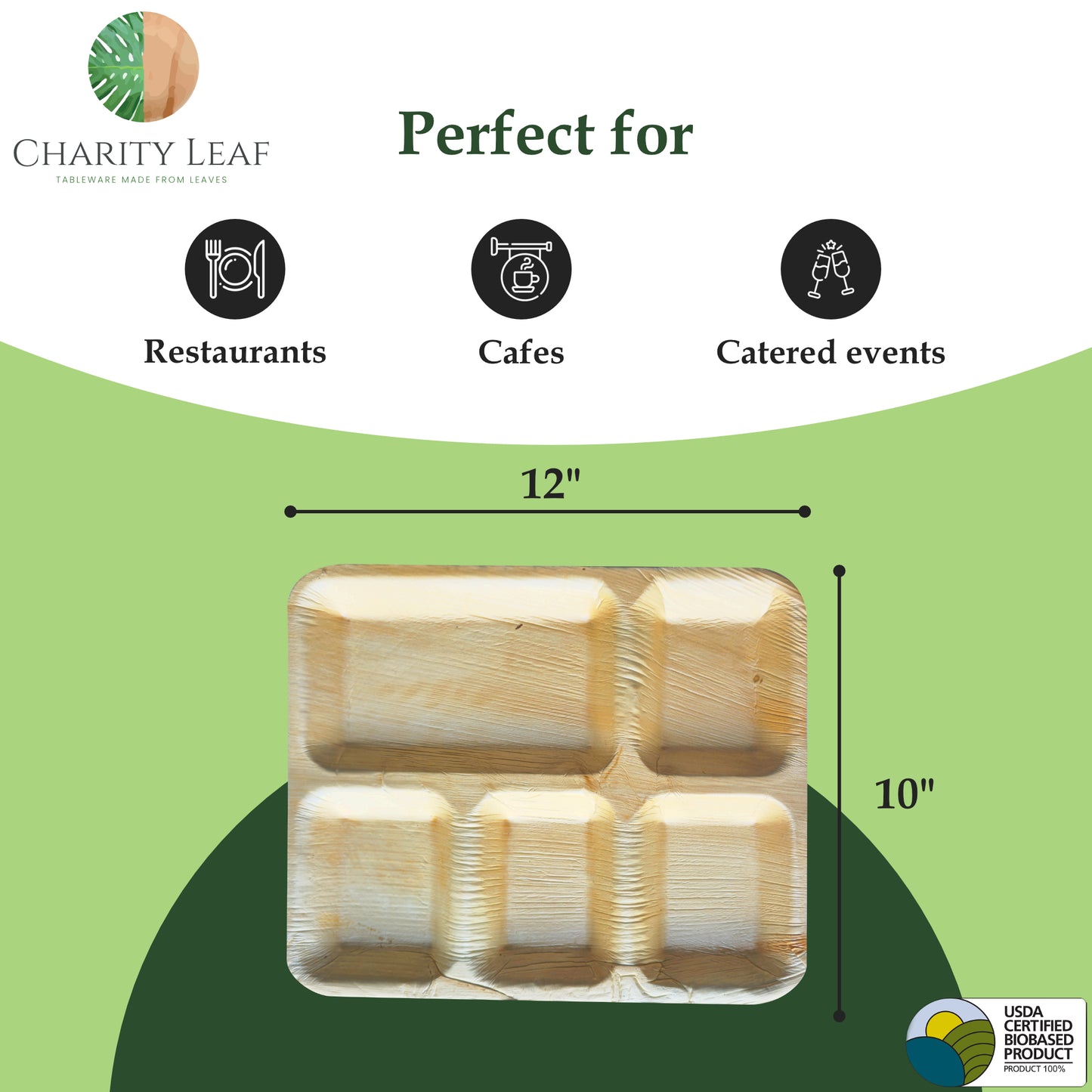 12" x 10" Inch Rectangle - 5 Compartment Decorative Palm Leaf Fiber Plate