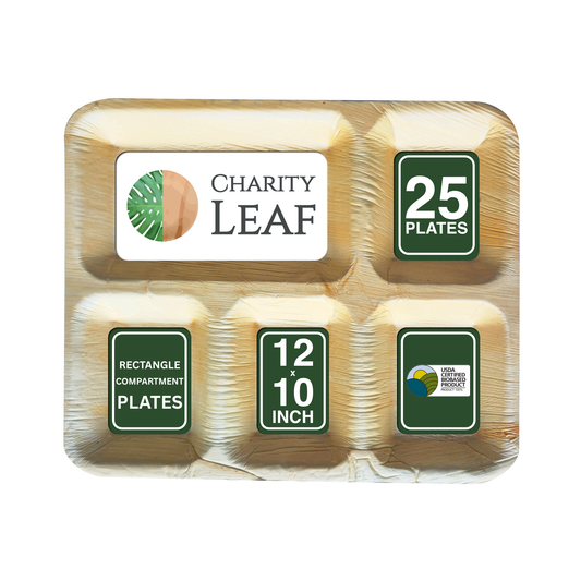12" x 10" Inch Rectangle - 5 Compartment Natural Disposable Bamboo Plate